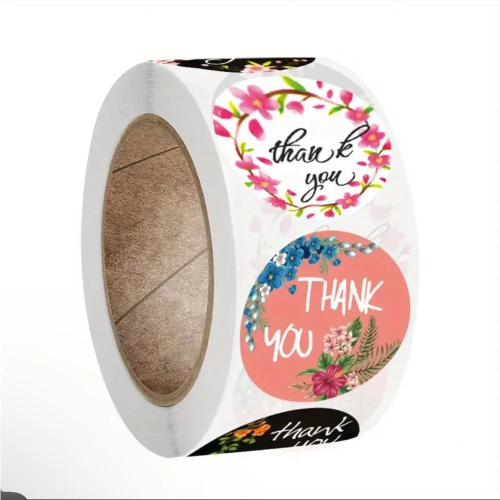 Roll of 500 Floral Thank You Stickers 8 Different Designs Colorful Flowers